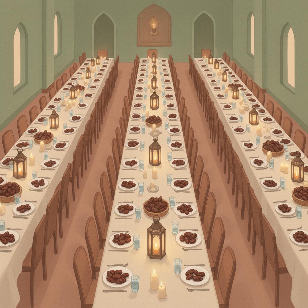 Illustration einer Iftar-Runde mit Datteln, Tee und Halbmond in warmen Erdtönen
