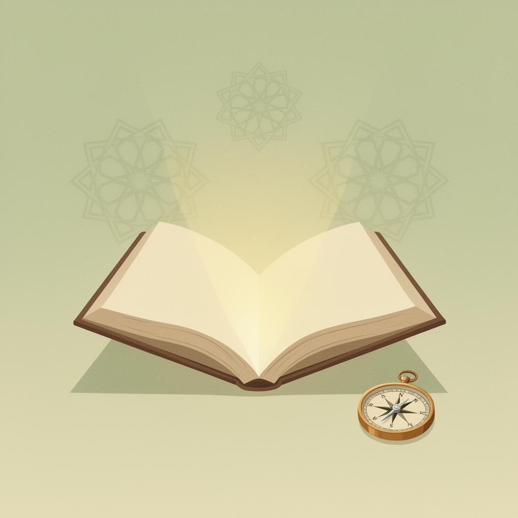 Schematische Illustration mit einem offenen Buch, Kompass und sanften islamischen geometrischen Mustern in warmen Creme- und Sage-Grüntönen.